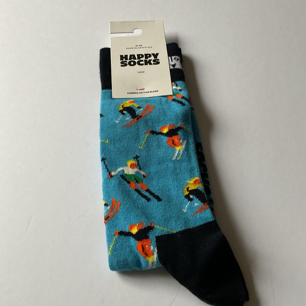 HAPPY SOCKS COTTON BLEND CREW SOCKS SKIING PATTERN BLUE MULTI OS NWT